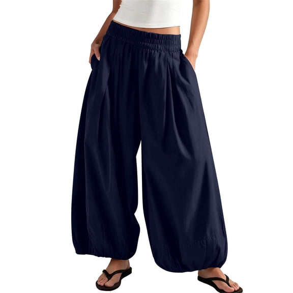 Holzkary Women's Balloon Pants Elastic High Waist Wide Leg Loose Pleated Harem Pants Summer, Casual Pants with Side Pockets for Spring Fall Summer Beach Vacation and Travel Dark Blue L