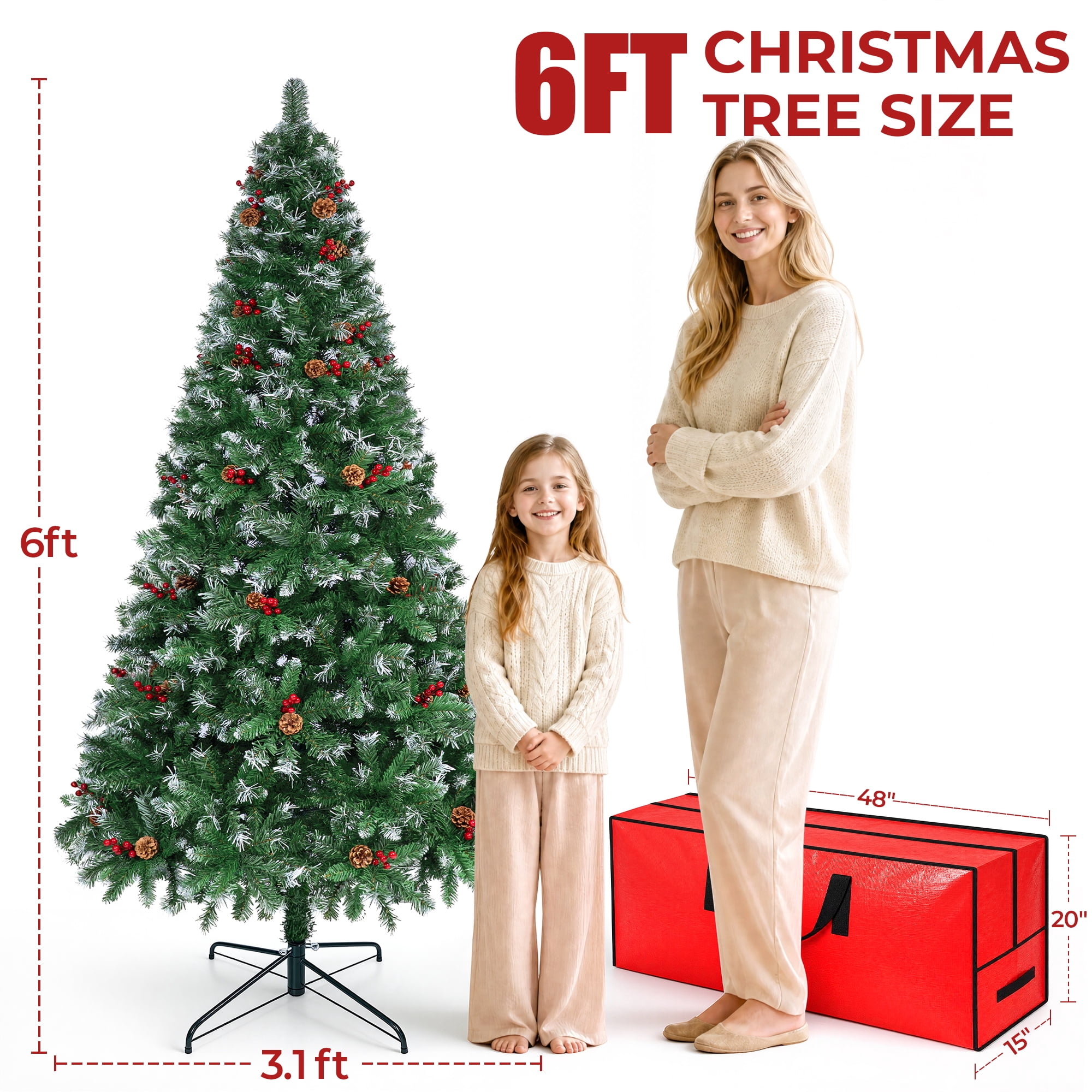 Firstness 6ft Pre-Lit Artificial Christmas Tree with Storage Bag, Warm & Multicolor Xmas Tree with 975 Branch Tips,Pine Cones + Red Berries