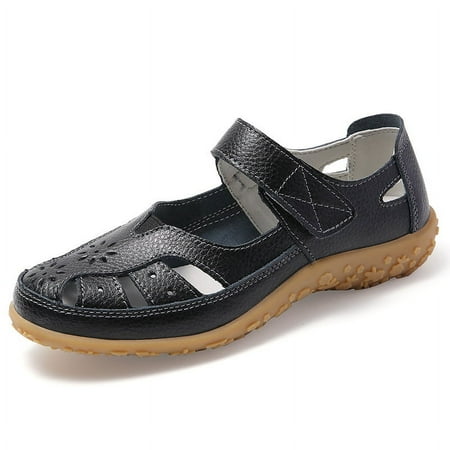 

SHYUU Women s Summer Casual Closed Toe Leather Sandals Comfy Softsole Adjustable Ankle Strap Mary Jane Orthopedic Beach Shoes