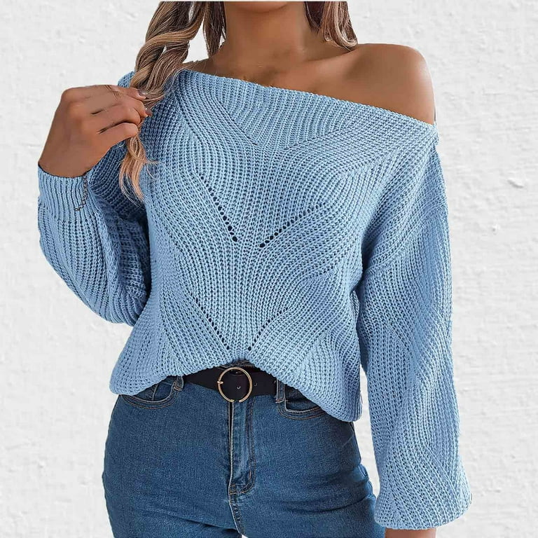 ZQGJB Off the Shoulder Sweater for Women Trendy Solid Color Cable Knitted Long Sleeve Pullover Jumper Tops Loose Oversized Baggy Knitwear Blue L Walmart
