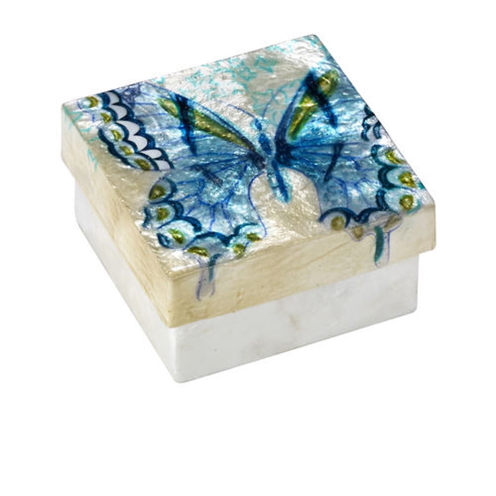 3 Inches Square Kubla Craft Blue Butterfly Capiz Shell Keepsake Box 