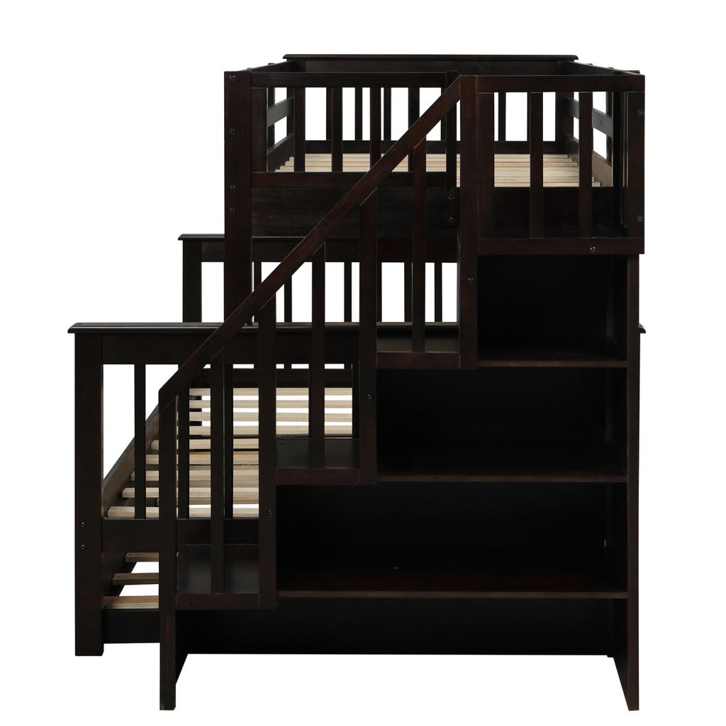 Stairway Bunk Bed Twin Over Full with Twin Trundle, Stairs, Storage and Guard Rail for Bedroom, Dorm, Solid Wood Twin-Over-Full bed, Saving Space, Espresso - image 3 of 7