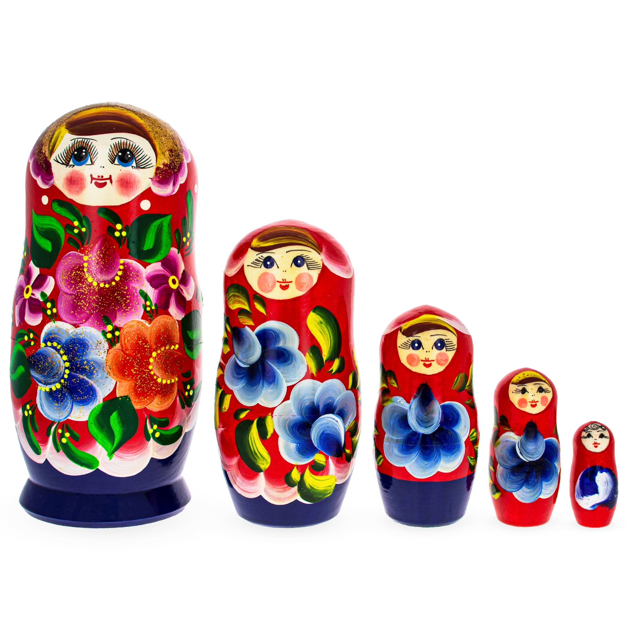 Beautiful Wooden Matryoshka with Red Color Hood and Golden Flowers Russian 