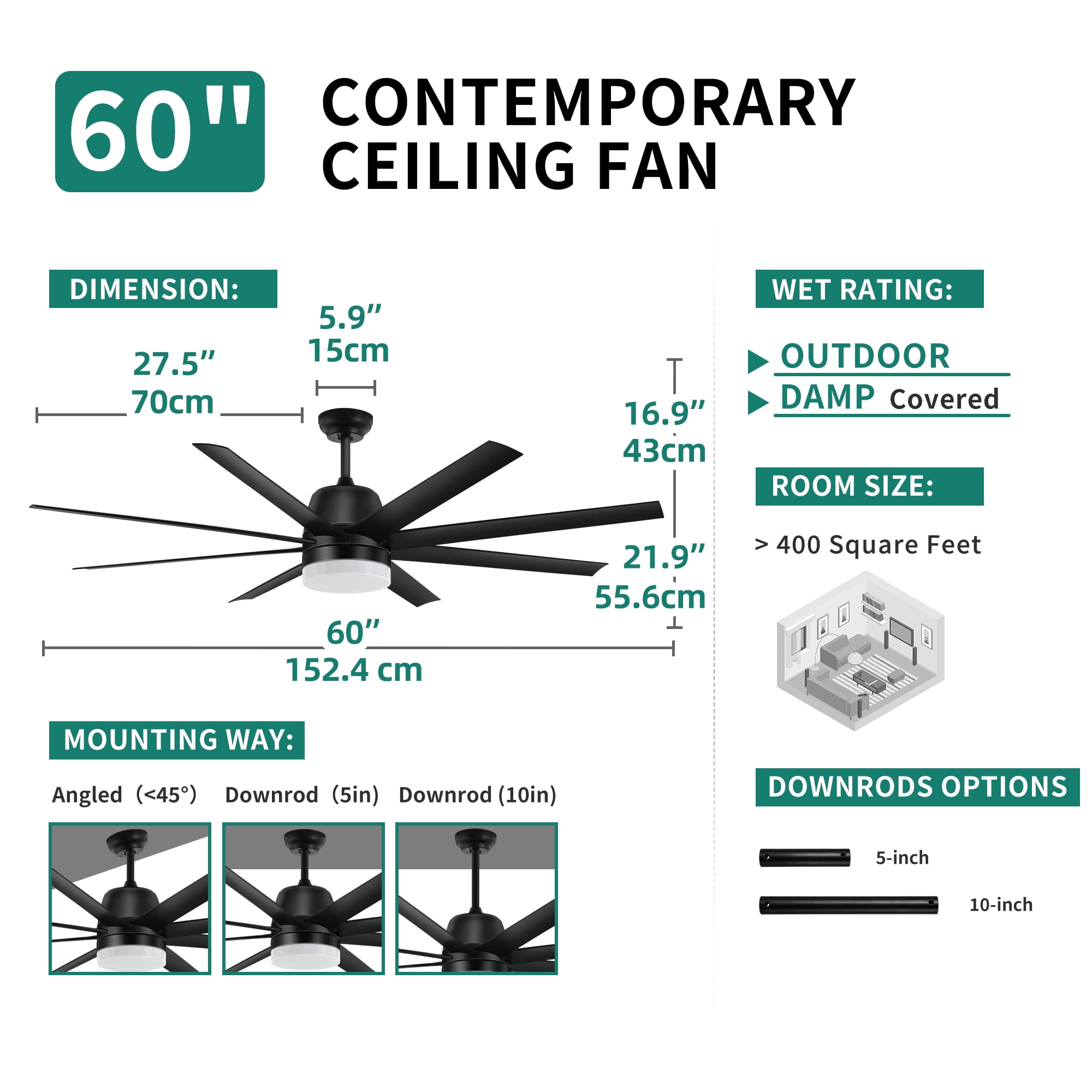 Dextrus 60in Modern Ceiling Fans with Lights and Remote, 8 Blades, 6 Speeds,Quiet Reversible Motor and Memory Function - Black