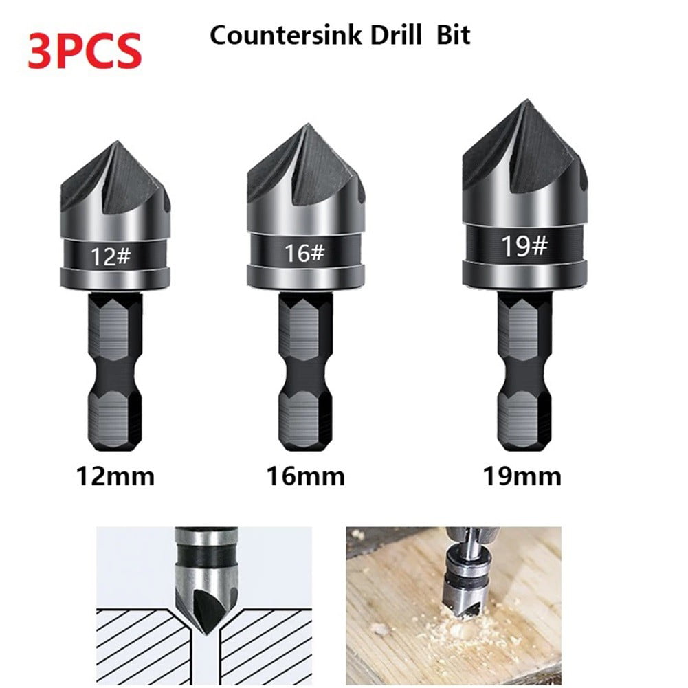 3PCS 5 Flute Chamfer Countersink Drill Bit 1/4" Hex Shank HSS Cutter 12/16/19mm 