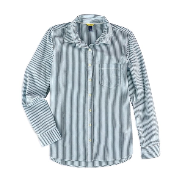Aeropostale Camisa abotonada con bolsillo a rayas para mujer, azul, pequeña