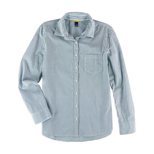 Aeropostale Camisa abotonada con bolsillo a rayas para mujer, azul, pequeña