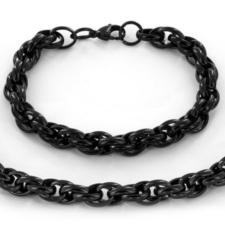 Black-Plated Stainless Steel Rope Chain Necklace (24) and Bracelet (9) Set, 9mm