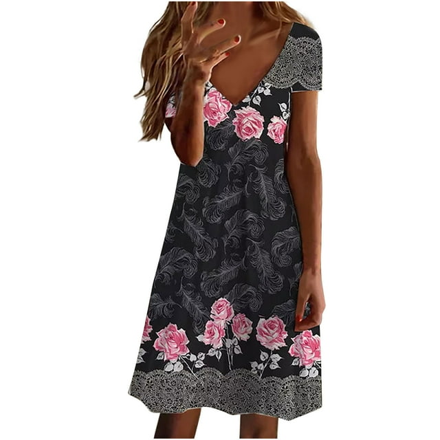 Vestido de manga corta con estampado floral elegante y sexy con cuello en V para mujer a la moda Pompotops hdfakjf5938
