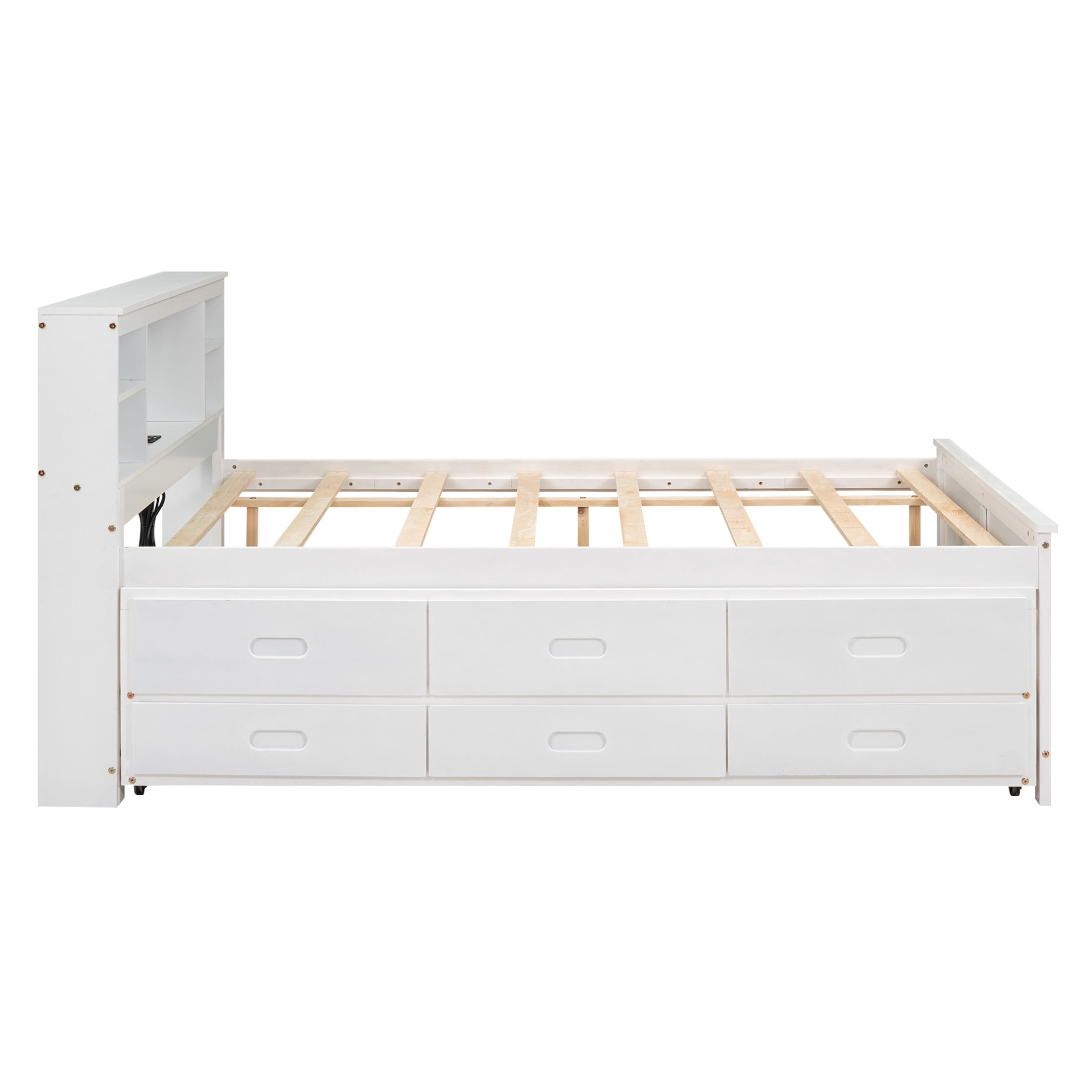 Noble House Nerissa Full Platform Bed with Bookcase Headboard, USB Ports, Extra Trundle and Storage Drawers, White