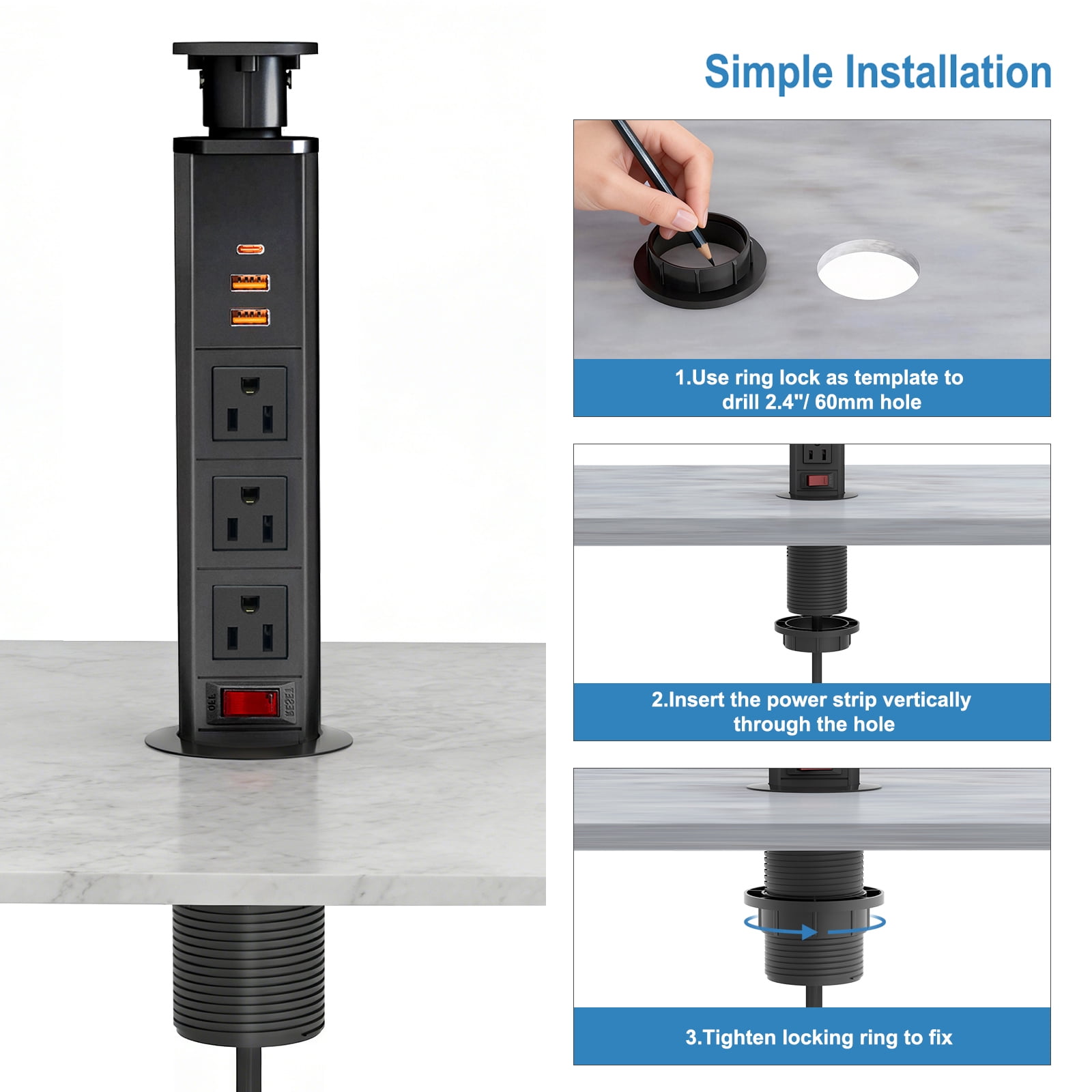 ZHANGONG Manual Pop Up Recessed Outlet for Desk Countertop, 3 AC & 3 USB (30W USB-C), Flush Mount Power Strip, Hide-Away, 5FT Cord for Office
