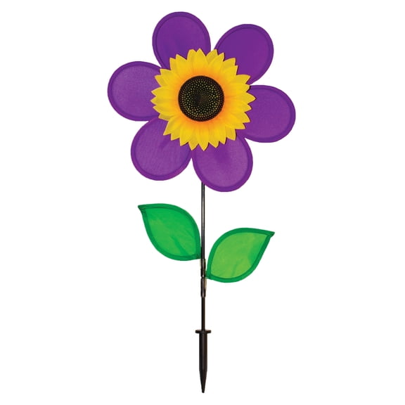 In the Breeze 2775 - 12 Inch Purple Sunflower Spinner with Leaves — Colorful Flower for your Yard and Garden
