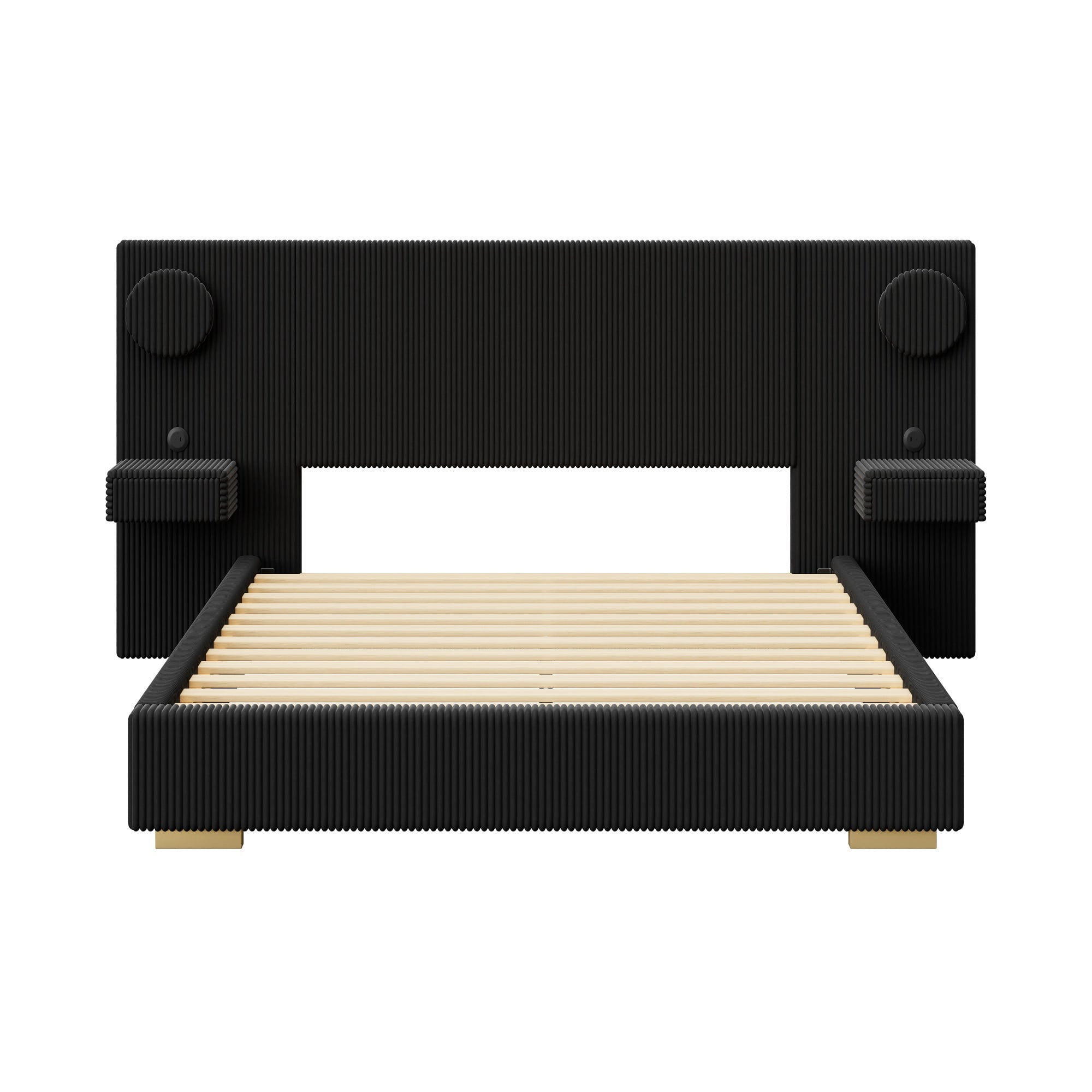 Euroco Upholstery Queen Size Platform Bed with LED Light and Drawers, High Headboard Design with Bedside Tables and USB Ports, No Box Spring Needed, Black