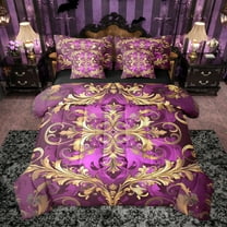 Manfei Retro Damask Print 7-Piece Twin Bedding Sets,Vintage Baroque Flower Bedding Comforter Set,Gold Purple Sheet Sets For Men Women,Super Cozy Room Decor Reversible
