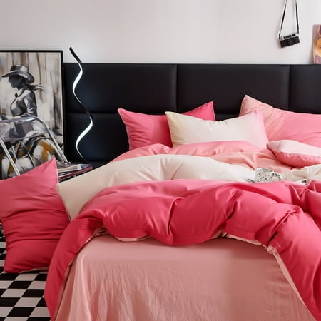 A pink and beige bedding set of three pieces, including two pillowcases and one duvet cover, is soft, comfortable and breathable, suitable for a girlish bedroom