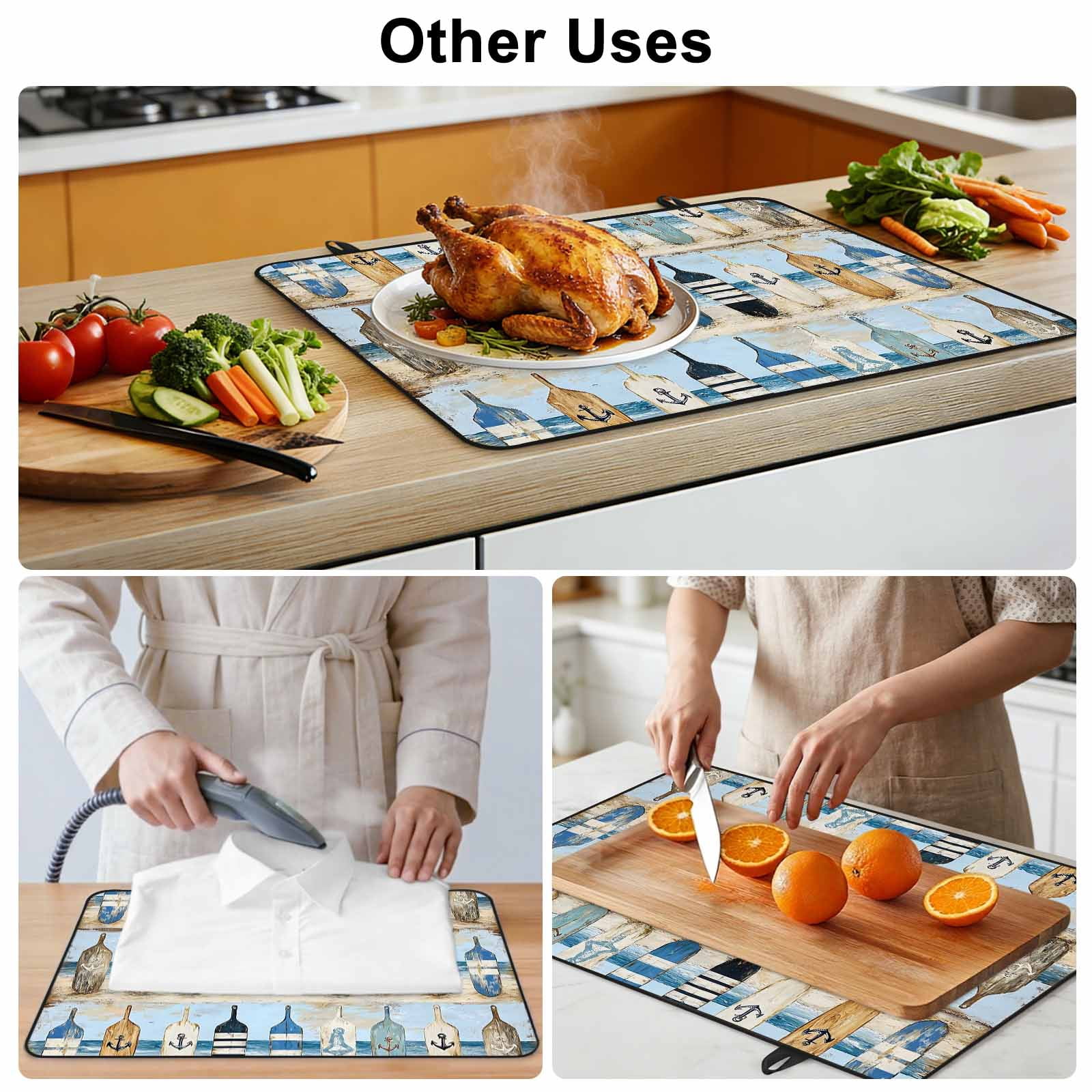 Blue Coastal Stove Top Cover for Electric Stove, Heat-proof & Non Slip Glass Top Stove Cover Protector, Ocean Nautical Anchor Wood Barn Beach Kitchen Flat Cooktop Rubber Mat 24x21 Inches