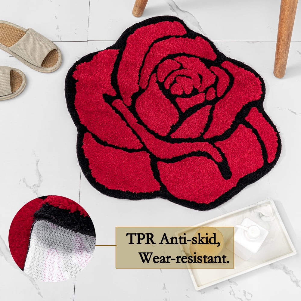 Red Rose Bath Mat for Bathroom Non Slip Flower Shaped Absorbent Bath Rug Fluffy Shower Rugs Washable Decor Floral Small Rug Doormats 23.6x25.5in