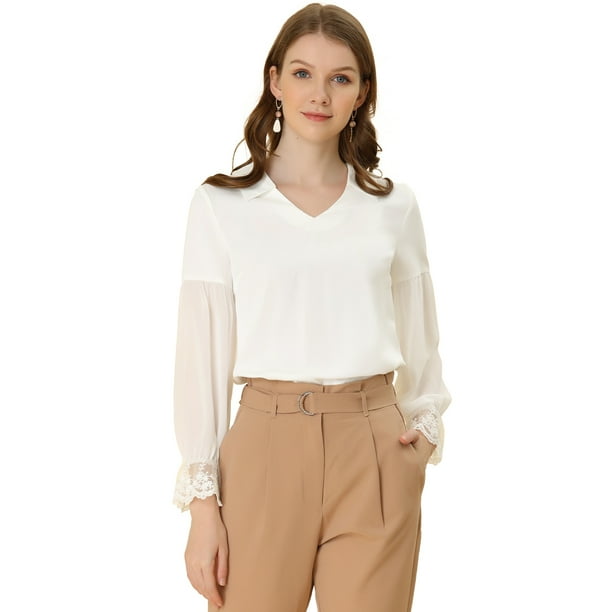Allegra K Blusa Elegante De Gasa Con Cuello En V Y Mangas Largas Transparentes Para Mujer Beige XS Unique Bargains Blusa