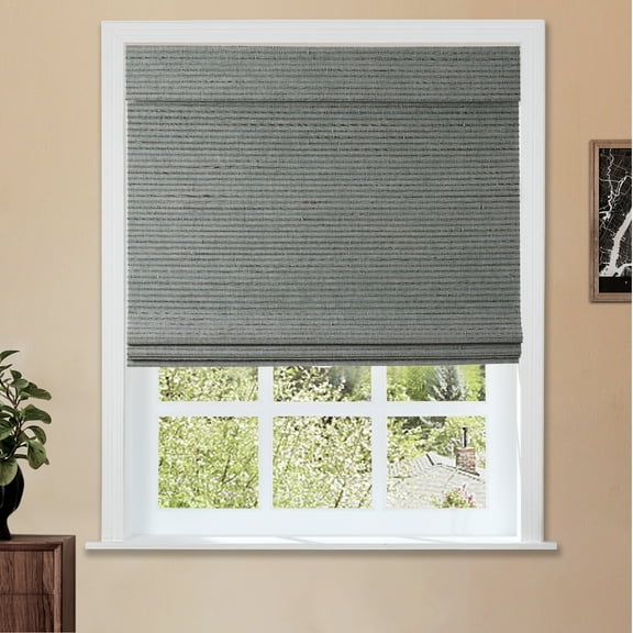 TWOPAGES Woven Blinds Shade 27"x64" Light Filtering Cordless Ramie Roman Shade Window Treatment, Sky Blue