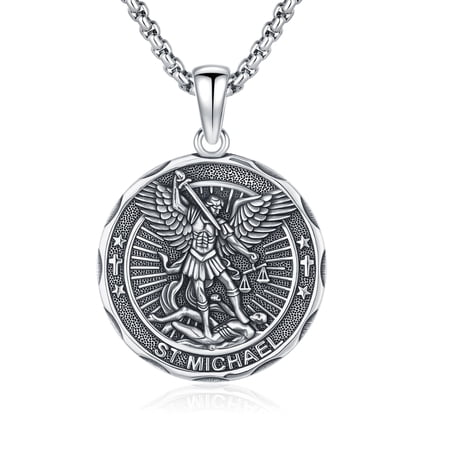 925 Sterling Silver St Michael Medal Necklace, Round Archangel Michael Pendant Catholic Religious Amulet Gift for Military Police Law Enforcement Firefighter