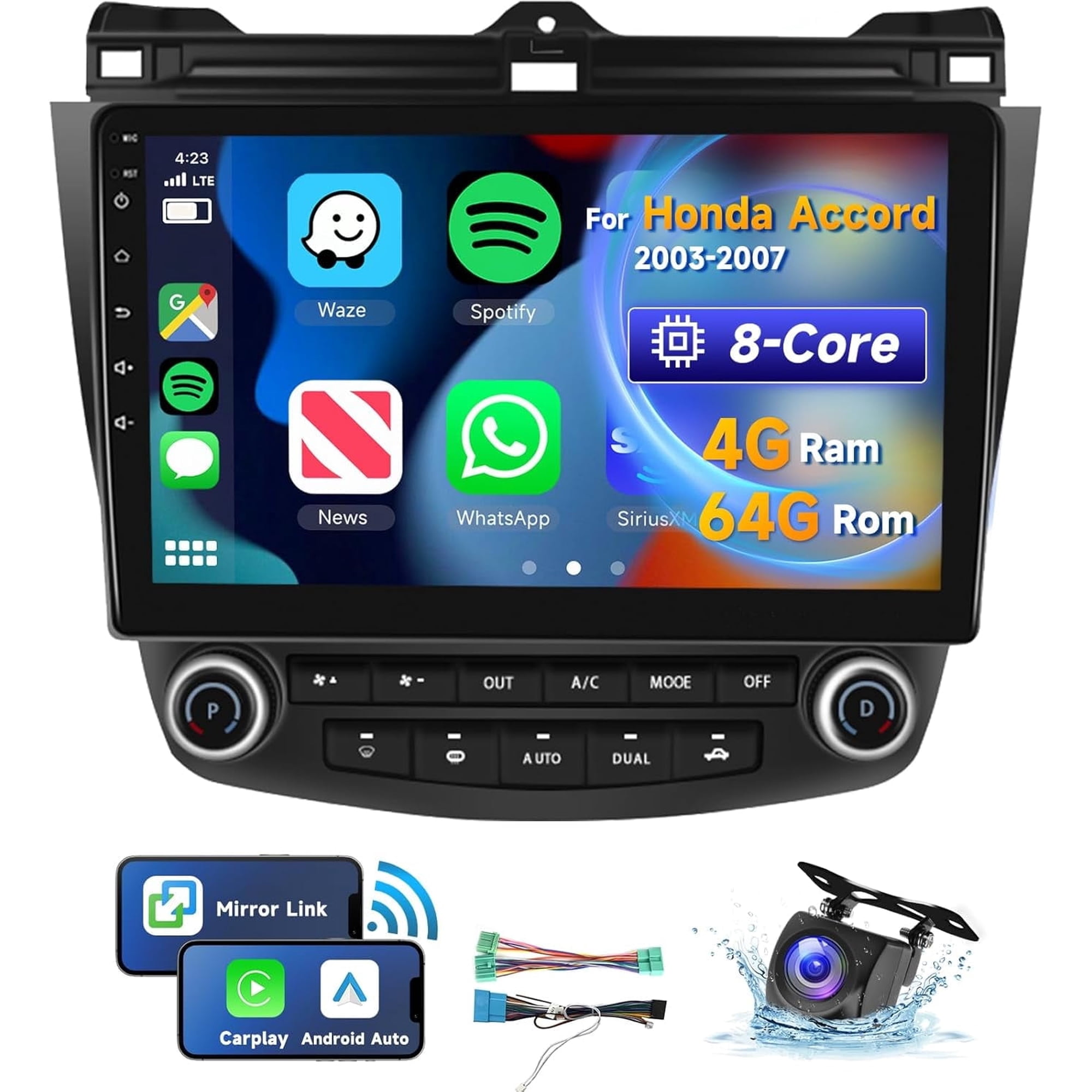 Podofo 8Core 4G 64G Car Stereo Radio for Honda Accord 7th 2003-2007 with 10.1inch Touch Screen,DSP/46 EQ,Wireless CarPlay Android Auto,Bluetooth 5.0,GPS FM/RDS,WiFi SWC+AHD Backup Camera