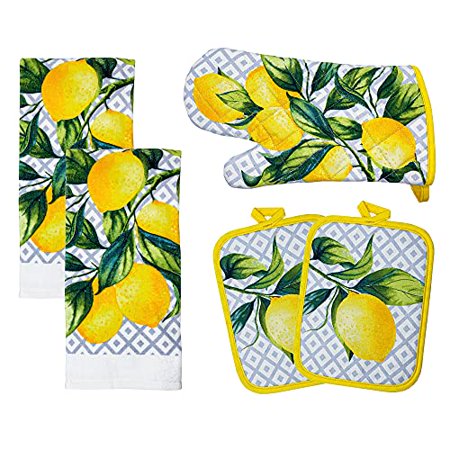 

Franco Kitchen Designers Soft and Absorbent Cotton Towels with Pot Holders and Oven Mitt Linen Set 5 Piece Citrus Lemons