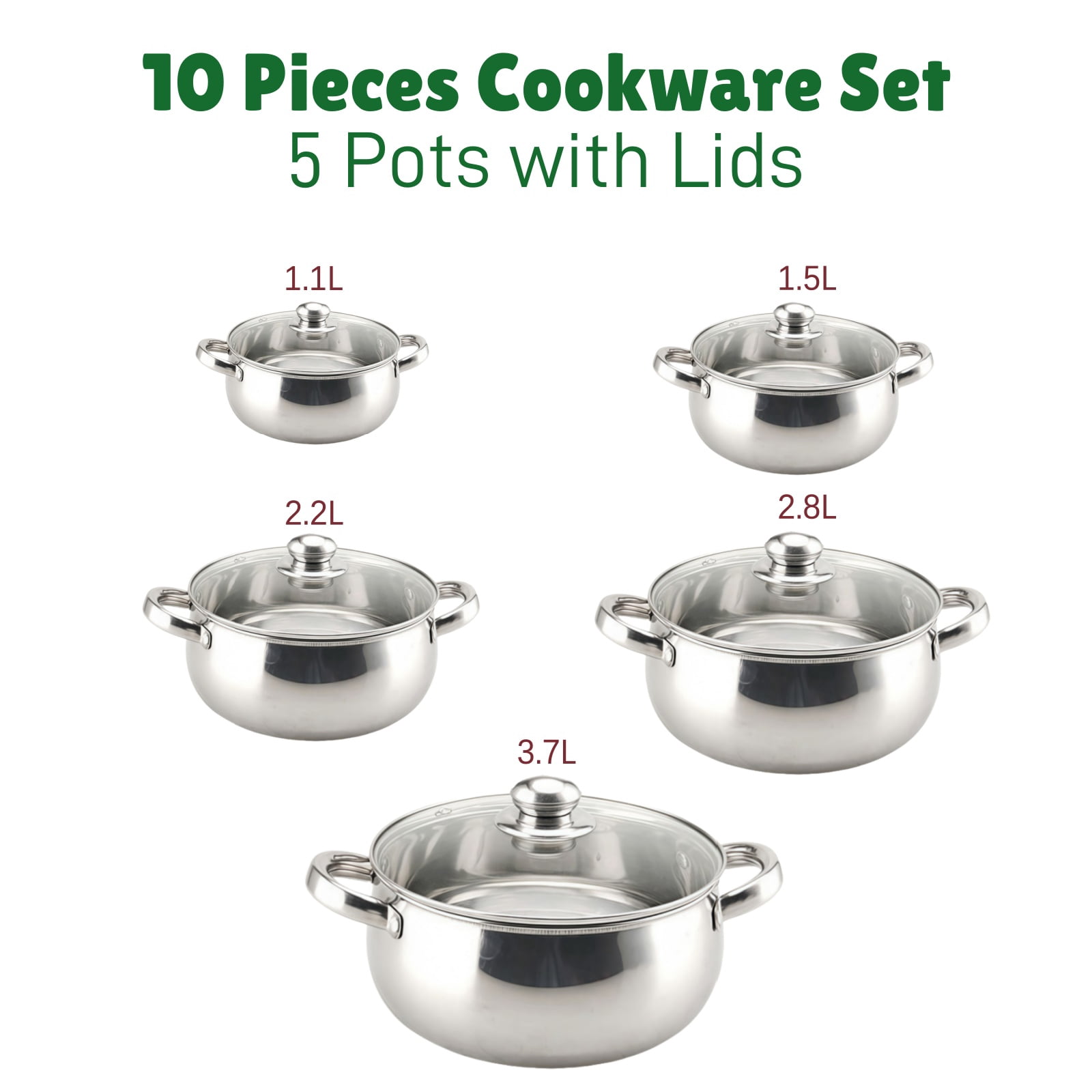 Bestdin 10-Piece Stainless Steel Cookware Set – 5 Pots with Glass Lids, Thickened Bottom, Universal Stovetop Compatible, Easy to Clean, Non-Toxic Kitchen Set for Cooking