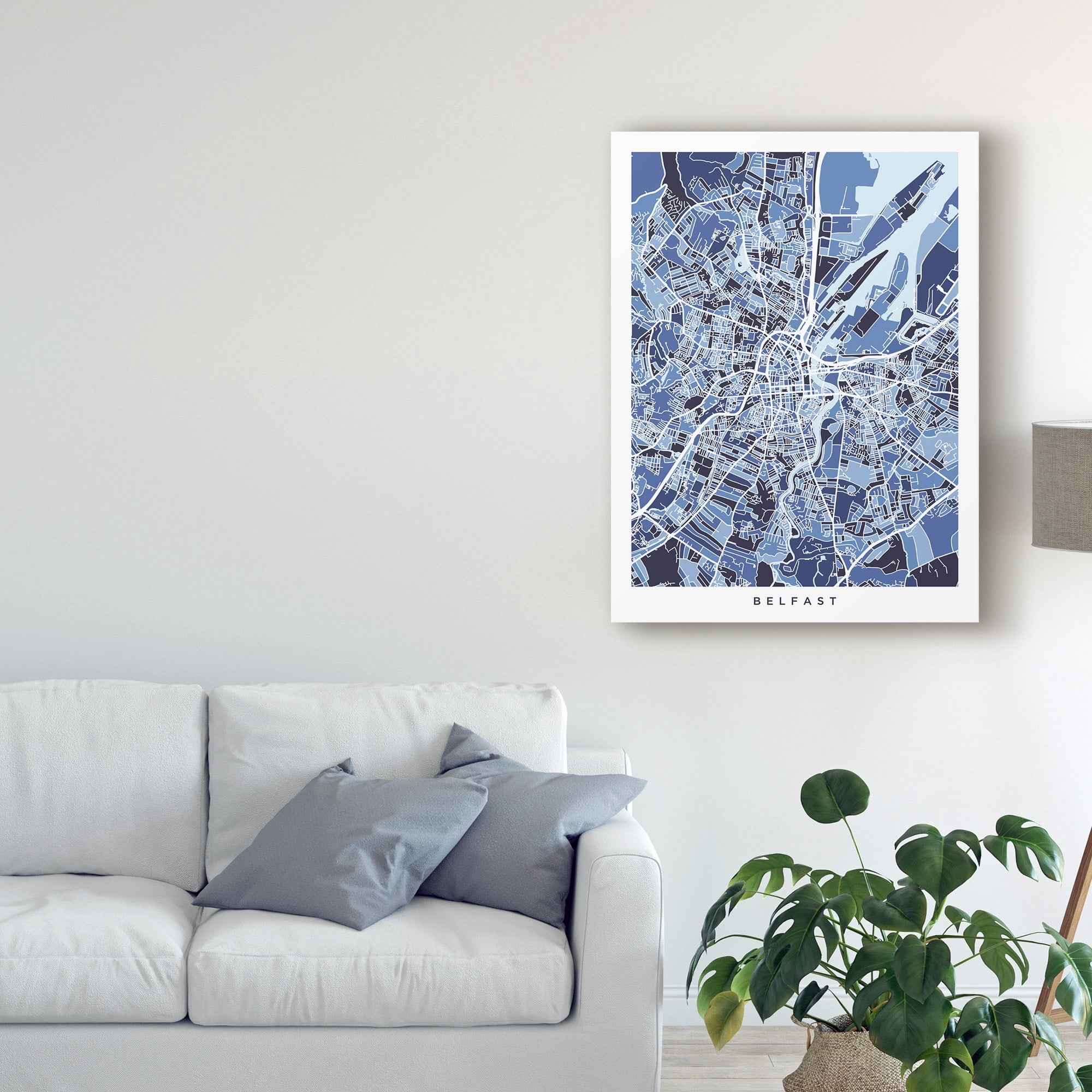 Trademark Fine Art 'Belfast Northern Ireland City Map Blue' Canvas Art by Michael Tompsett