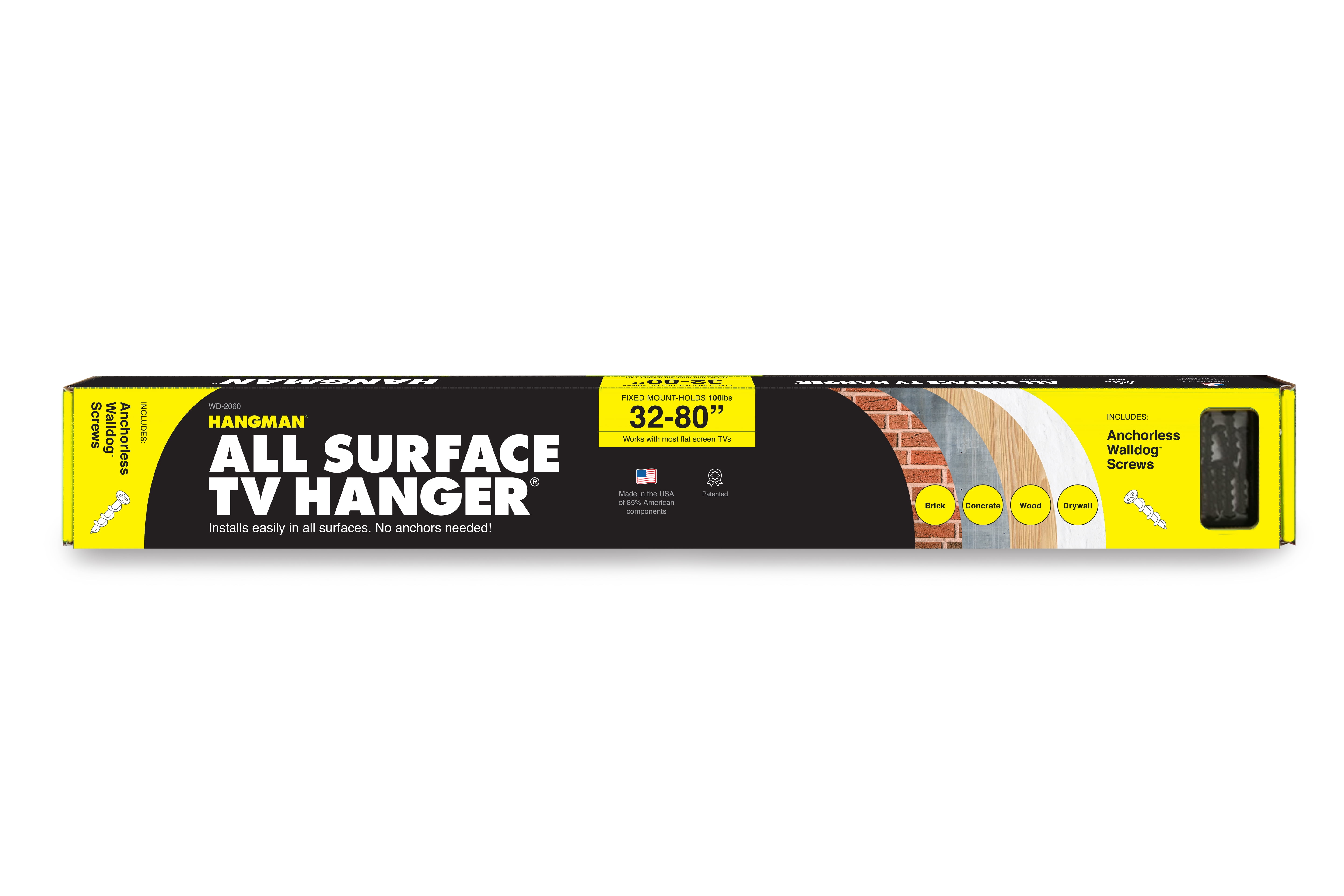 Hangman All Surface TV Hanger - Fits Screens 32"-80" - Works in All Surfaces, No Studs, No Anchors Required