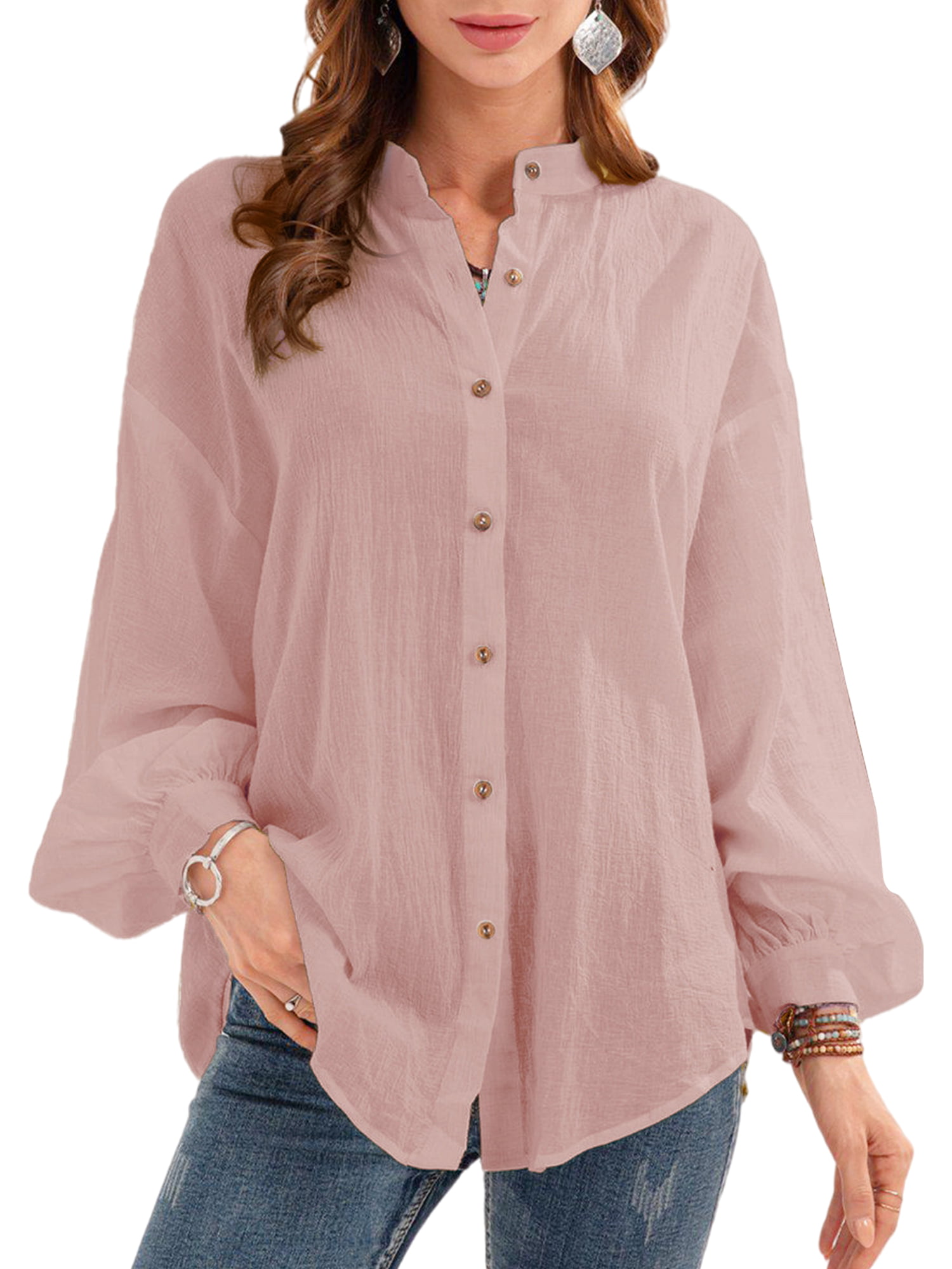 Womens Tops Lantern Long Sleeve Pleating V Neck Solid Color Blouse Shirts