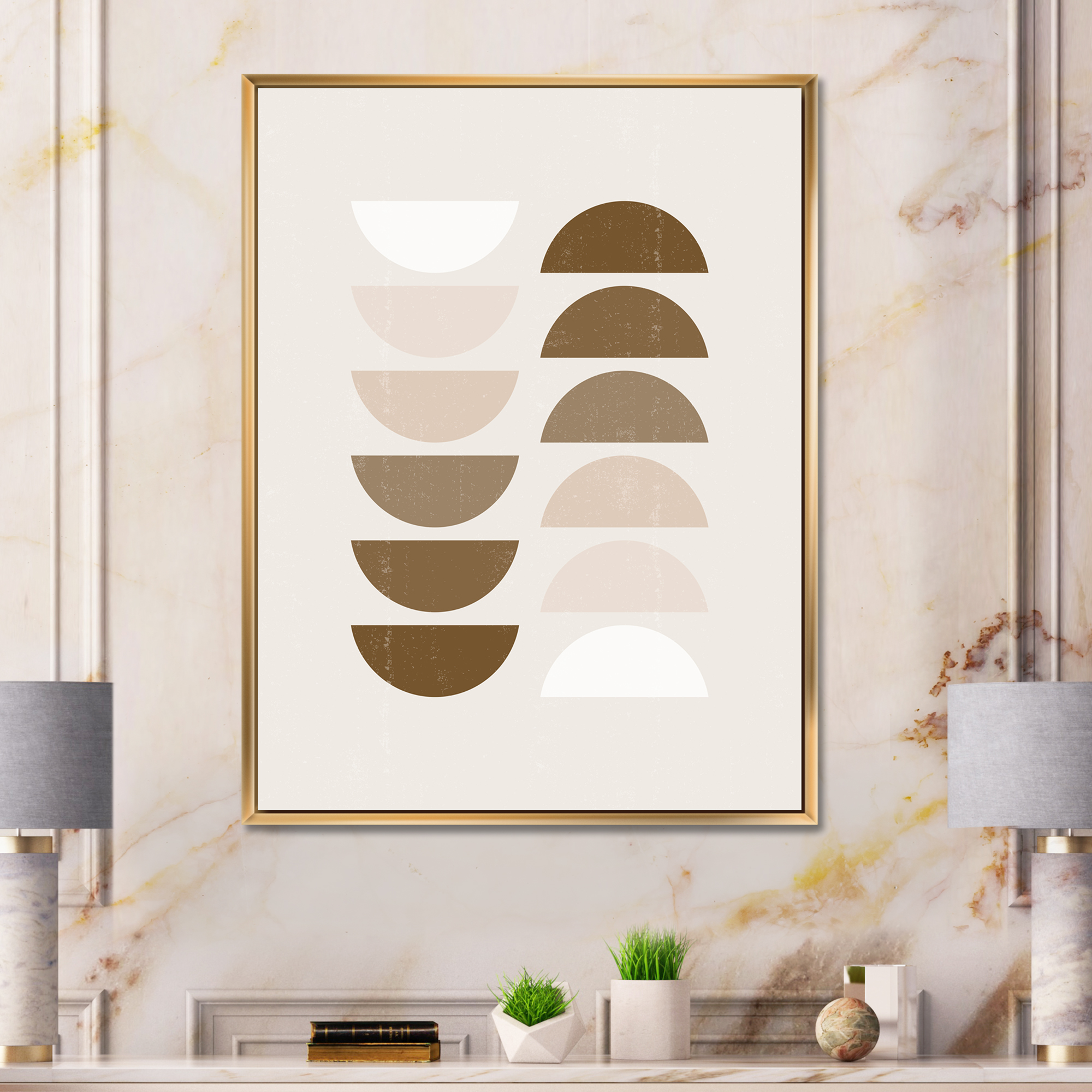 Designart 'Abstract Moon and Sun Geometrics In Terracotta II' Modern Framed Canvas Wall Art Print
