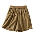 thumbnail image 3 of Jacenvly New Workout Clothes for Women Solid Color Cotton Linen Retro Loose Pocket Casual Trousers Middle Pants Shorts Quick Drying Elastic High Waist Workout Shorts for Women Khaki, 3 of 5