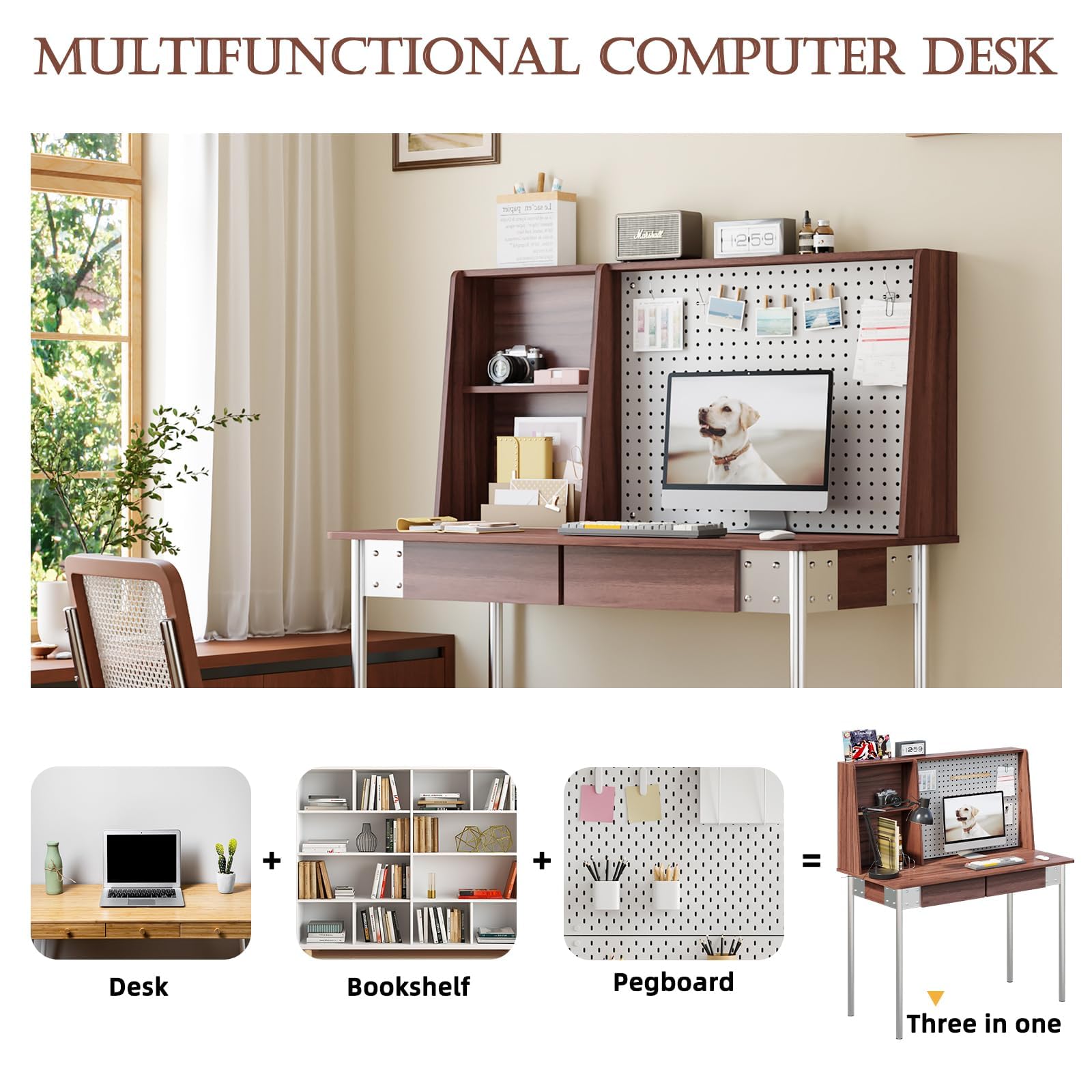 JOMEED 47 Inch Computer Desk with Pegboard, Gaming Desk with 2 Drawers, Walnut Home Office Desk with Hutch, Metal Legs