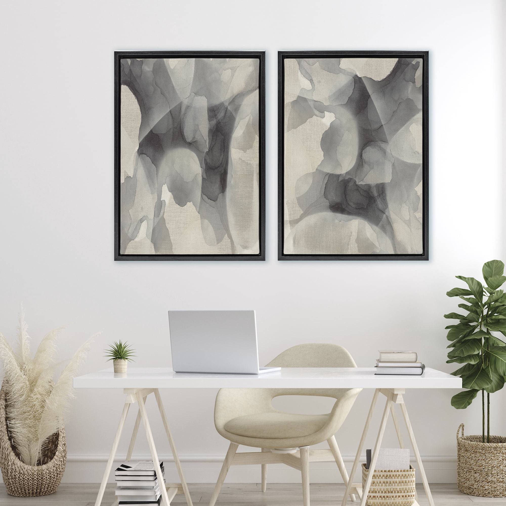 Stupell Industries Mottled Fluid Monochrome 2 Piece Black Framed Floater Canvas Set, design by Kippi Leonard