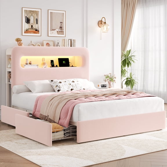 Homfa Full Size Velvet Upholstered Bed with LED Lights & 2 Drawers, Storage Headboard Platform Bed Frame with USB Ports & Outlets, Pink