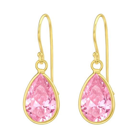 Gold Plated 925 Sterling Silver Pear Drop Pink CZ Fish Hook Earrings