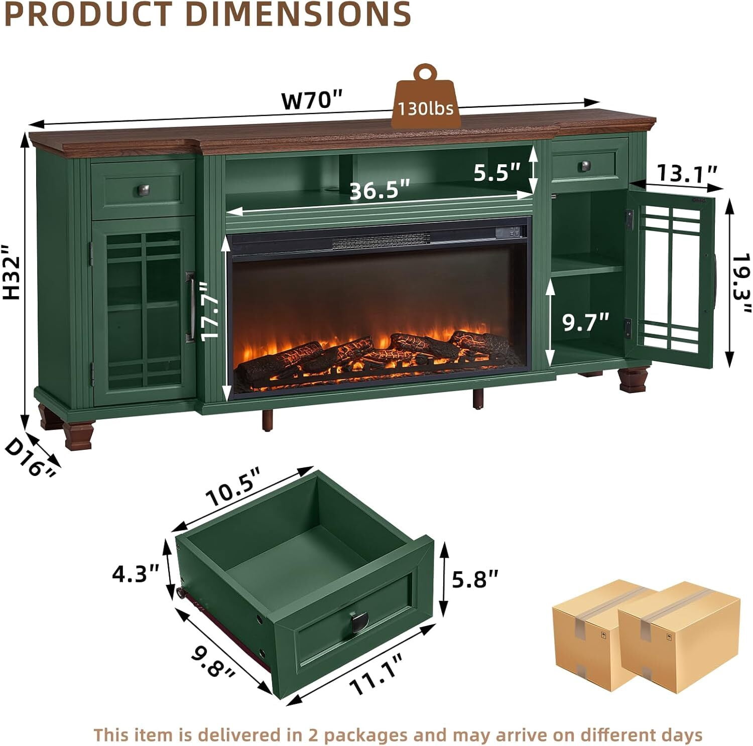70" Fireplace TV Stand for TV up to 80", Entertainment Center with 36.5" Electric Fireplace Media Console Table for Living Room with Glass Shelves, Green