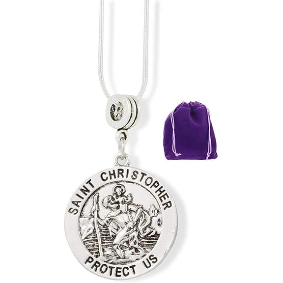 Saint Christopher on Round Medallion Protect Us Charm Snake Chain Necklace