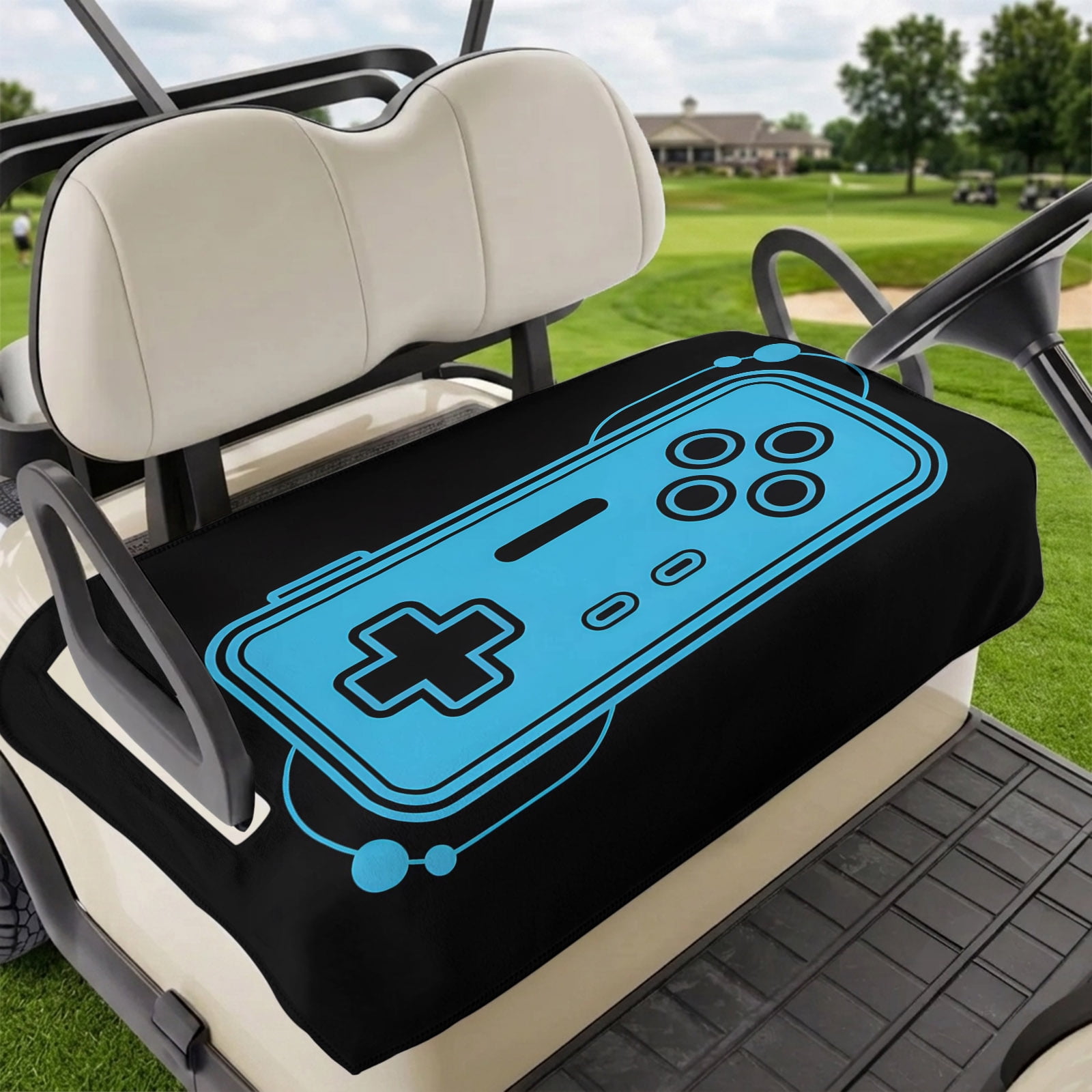 Golf Cart Seat Covers for 2 Seater Blue Game Handle Microfiber Cart Seat Towel Blanket Video Gamer Console Earphones Black Absorbent Breathable Non Slip Bench Seats Protector for Golf Course 51 x31