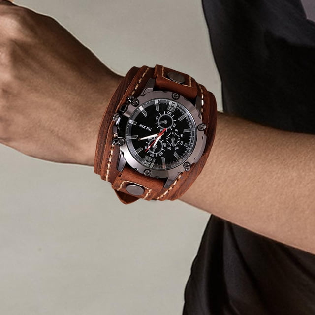 Reloj de retro vintage punk, reloj de de cuero ancho con Marrón Hugo reloj de pulsera