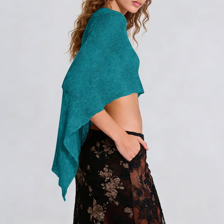 Crochet Knit Asymetrical Cropped Poncho Women Knit Poncho Top Y2k Off Shoulder Crochet Sheer Shawl Asymmetrical Hem  Cover Up Shrug Sweater