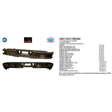 REAR STEP BUMPER ASSEMBLY; PAINT TO MATCH; WITH CORNER STEP; WITH PARK ASSIST SENSOR HOLES; INCLUDES INNER AND OUTER BRACKETS; ALL PADS