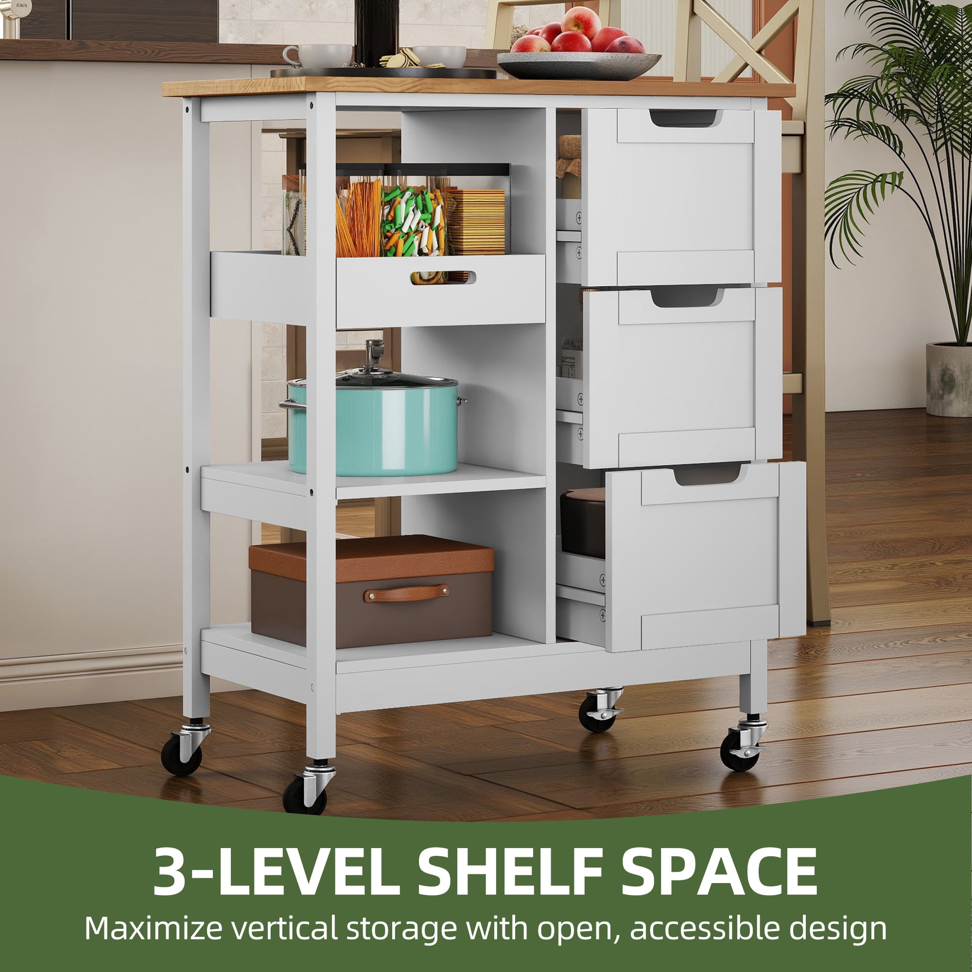 Uforic Wood Rolling Kitchen Cart, Mobile Storage Trolley with Drawers & Shelves, Solid Wood Top & Lockable Casters, White
