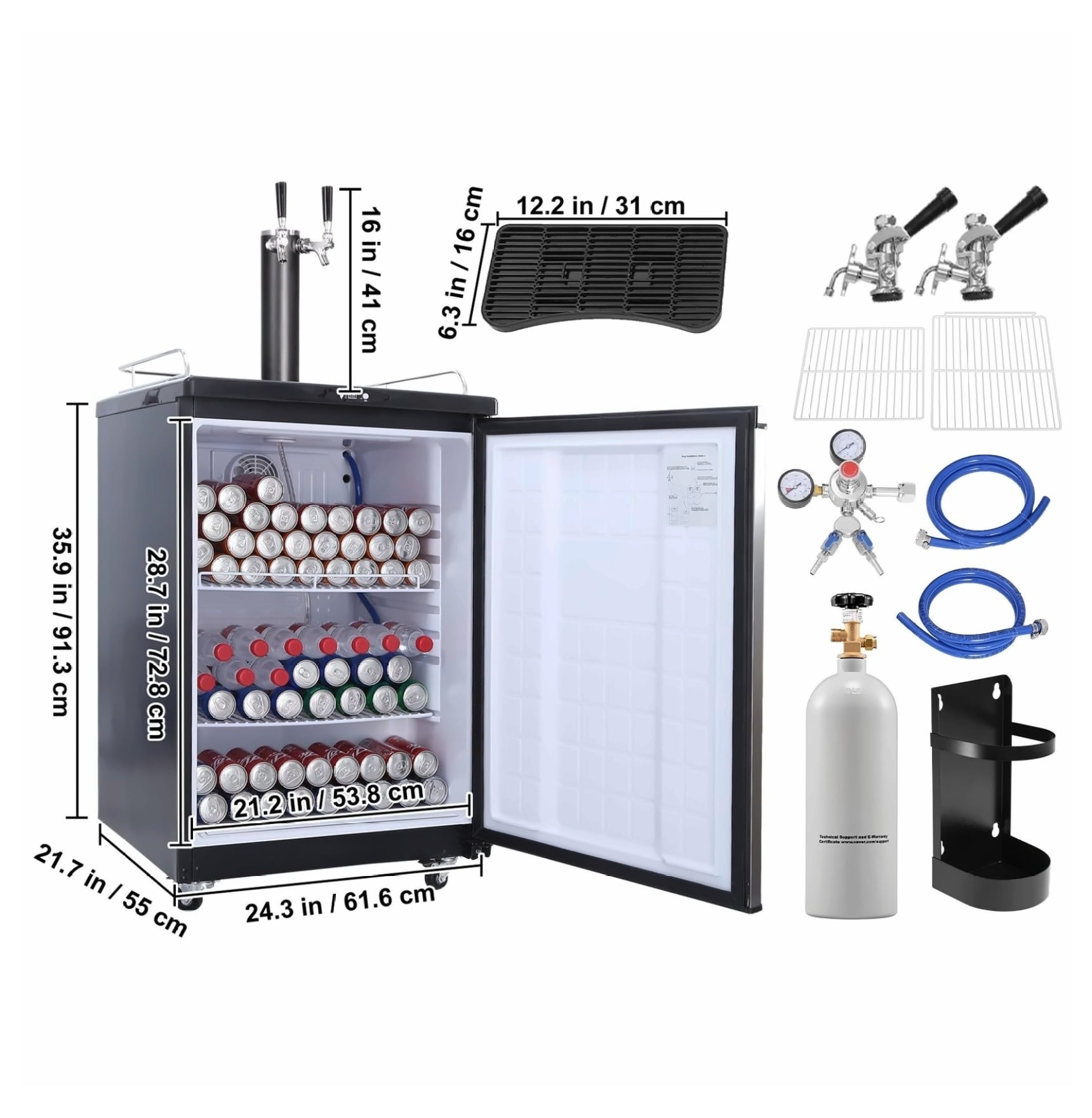 Beer Kegerator Dual Tap Draft Beer Dispenser CO2 Ready - 1/6, 1/4, 1/2 Barrel Compatible, 32-75.2°F Temp Control, Black