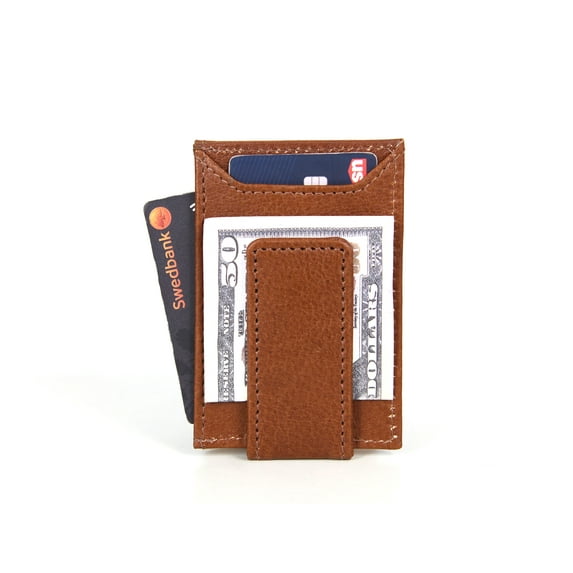 Aaron Leather Goods Leather Magnetic Wallets for Men Minimalist RFID Blocking Cinnamon Brown