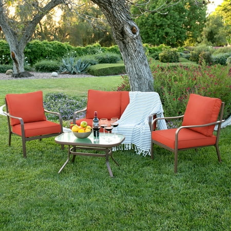Replacement Parts Patio Furniture Best Choice Products 4-Piece Cushioned Furniture Conversation Set for Backyard, Patio, Lawn, Poolside w/ Loveseat, 2 Chairs, Coffee Table - Red ()