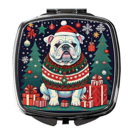 White English Bulldog Christmas Compact Mirror 2.75 in x 3 in