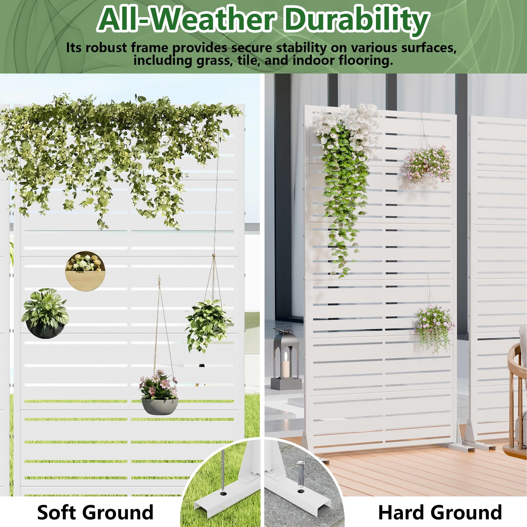 MAYEERTY 2-Piece 72"x35" Freestanding Privacy Screen, 6-Panel White Galvanized Steel Screen, Wide-1 Narrow-2 Slats for Outdoor Yard