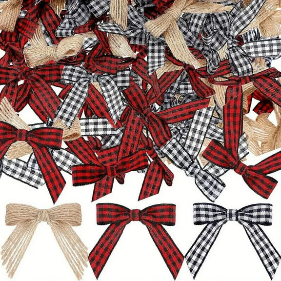 Christmas Mini Plaid Ribbon Bows Natural Burlap Bow Checkered Gingham Black Red Plaid Bow Black White Buffalo Plaid Bow and Handmade Burlap Bow for Christmas Tree DIY Crafts Home Decor