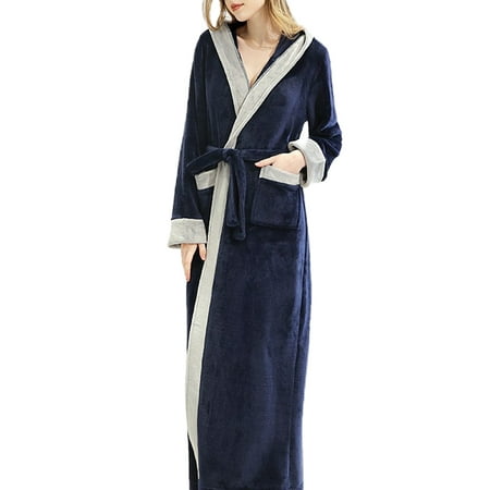 

Frontwalk Women Soft Belted Robe With Pockets Warm Nightgowns Unisex Adults Long Sleeve Sleepwear Pajamas Navy Blue Women M